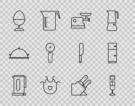 Set line Kettle with handle, Blender, Kitchen meat grinder, apron, Chicken .. Illustration