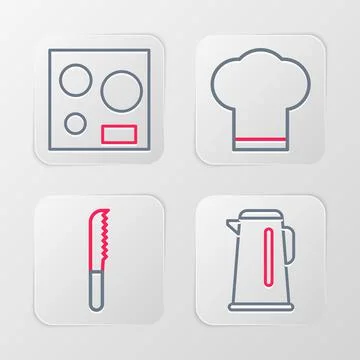 Set line Kettle with handle, Bread knife, Chef hat and Electric stove icon. V Illustration