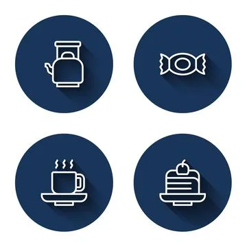 Set line Kettle with handle, Candy, Coffee cup and Piece cake with long shadow Illustration