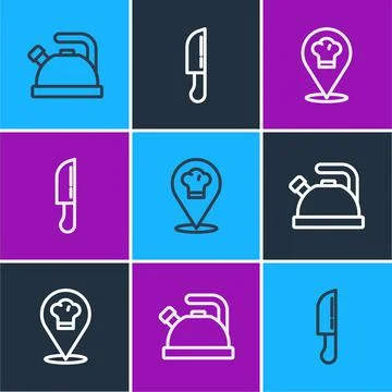 Set line Kettle with handle, Chef hat location and Knife icon. Vector Illustration