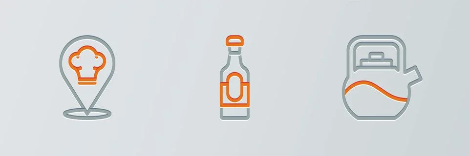 Set line Kettle with handle, Chef hat location and Wine bottle icon. Vector Illustration