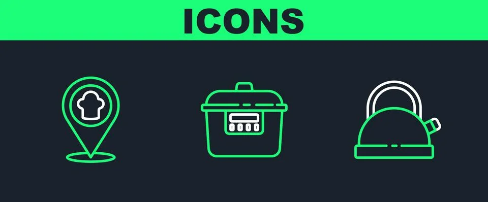 Set line Kettle with handle, Chef hat location and Slow cooker icon. Vector Illustration