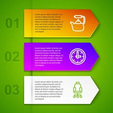 Set line Kettle with handle, Clock and Office chair. Business infographic Illustration