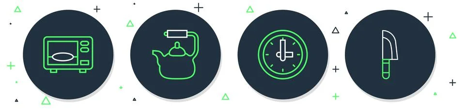 Set line Kettle with handle, Clock, Microwave oven and Knife icon. Vector Stock Illustration