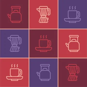 Set line Kettle with handle, Coffee cup and maker moca pot icon. Vector Stock Illustration