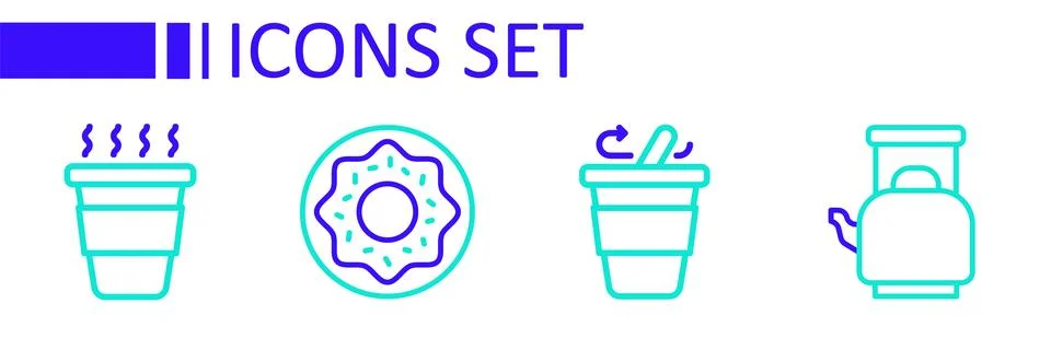 Set line Kettle with handle, Coffee cup to go, Donut and  icon. Vector Illustration