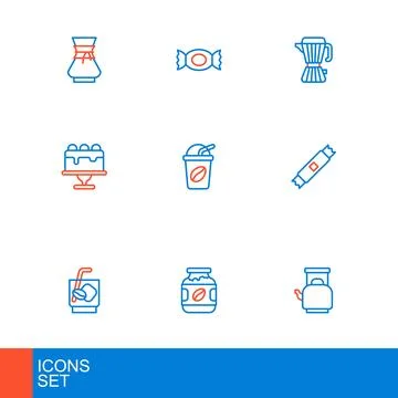 Set line Kettle with handle, Coffee jar bottle, Espresso tonic coffee, Suga.. Illustration