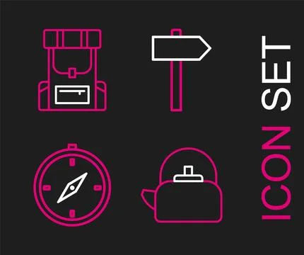 Set line Kettle with handle, Compass, Road traffic signpost and Hiking backpack Illustration