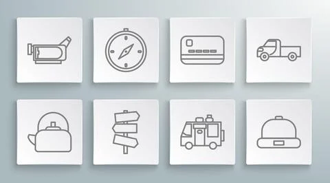 Set line Kettle with handle, Compass, Road traffic signpost, Rv Camping tra.. Illustration