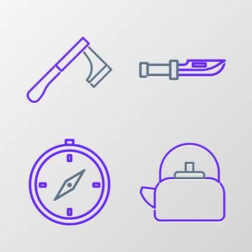 Set line Kettle with handle, Compass, Camping knife and Wooden axe icon. Vect Illustration
