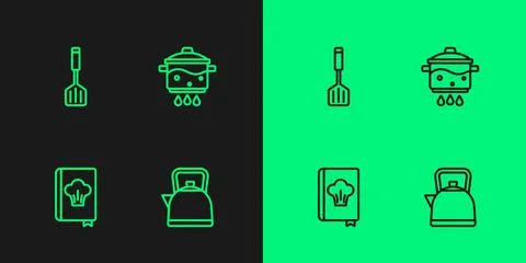Set line Kettle with handle, Cookbook, Spatula and Cooking pot on fire icon Illustration