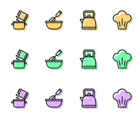 Set line Kettle with handle, Cooking pot spice, whisk bowl and Chef hat icon Illustration