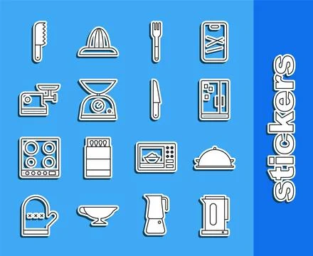 Set line Kettle with handle, Covered tray of food, Refrigerator, Fork, Scales Stock Illustration