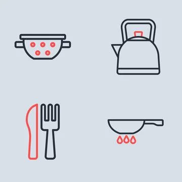 Set line Kettle with handle, Crossed knife fork, Frying pan on fire and Kit.. Illustration