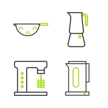Set line Kettle with handle, Electric mixer, Moka pot and Kitchen colander .. Illustration