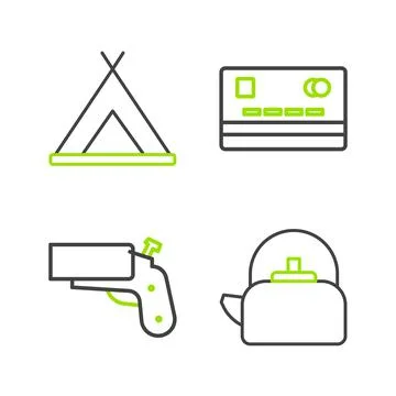 Set line Kettle with handle, Flare gun pistol, Credit card and Tourist tent icon Illustration