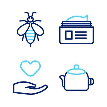 Set line Kettle with handle, Heart in, Ointment cream tube and Bee icon. Vector Illustration