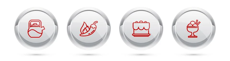 Set line Kettle with handle, Hot chili pepper pod, Cake and Ice cream in bowl Illustration