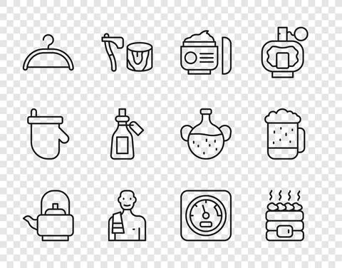 Set line Kettle with handle, Hot sauna stones, Cream or lotion cosmetic tube Illustration