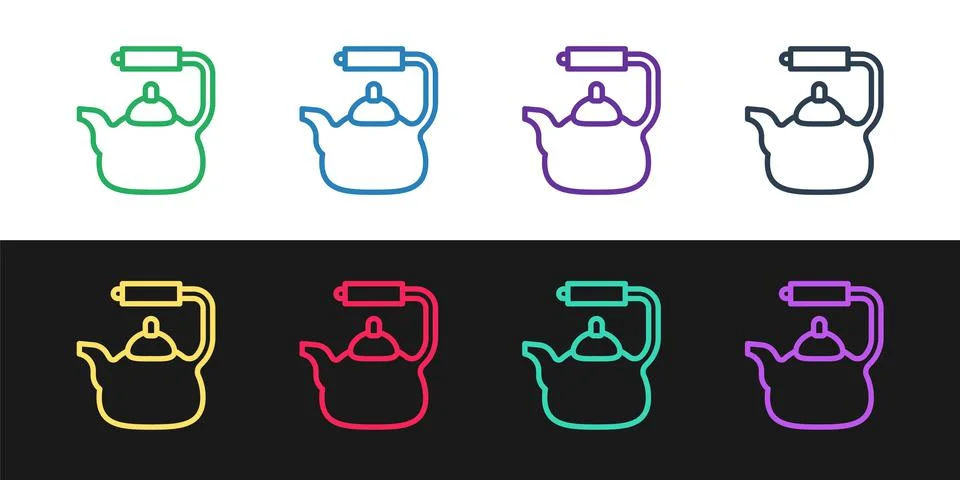 Set line Kettle with handle icon isolated on black and white background. Teapot Illustration