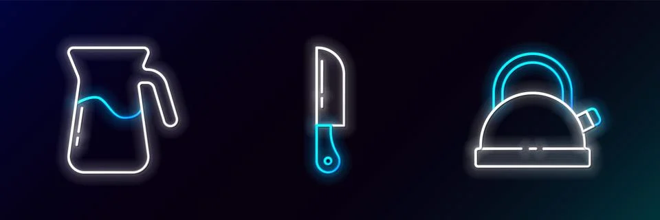 Set line Kettle with handle, Jug glass water and Knife icon. Glowing neon. .. Illustration