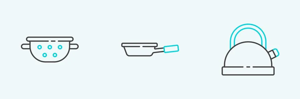 Set line Kettle with handle, Kitchen colander and Frying pan icon. Vector Illustration