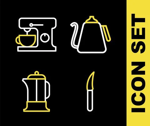 Set line Kettle with handle, Knife, French press and Electric mixer icon. Vector Illustration
