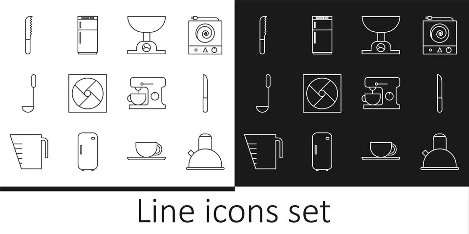 Set line Kettle with handle, Knife, Electronic scales, Ventilation, Kitchen Illustration