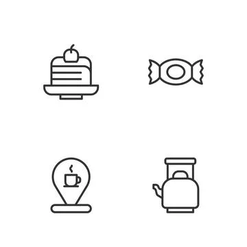Set line Kettle with handle, Location coffee cup, Piece cake and Candy icon Stock Illustration