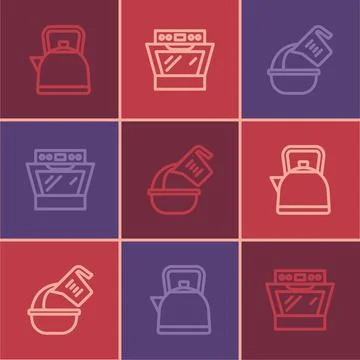 Set line Kettle with handle, Measuring cup bowl and Oven icon. Vector Illustration