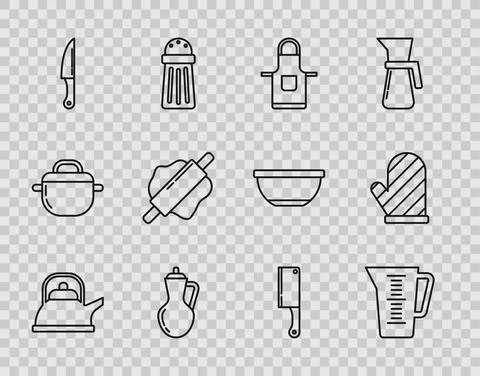 Set line Kettle with handle, Measuring cup, Kitchen apron, Bottle of olive oil Illustration