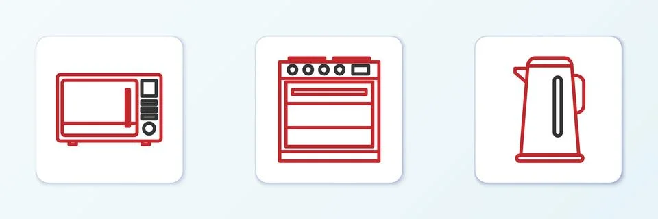 Set line Kettle with handle, Microwave oven and Oven icon. Vector Illustration