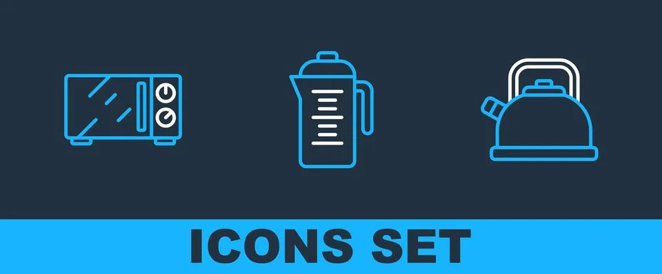 Set line Kettle with handle, Microwave oven and Teapot icon. Vector Illustration