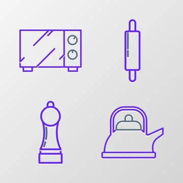 Set line Kettle with handle, Pepper, Rolling pin and Microwave oven icon. V.. Illustration