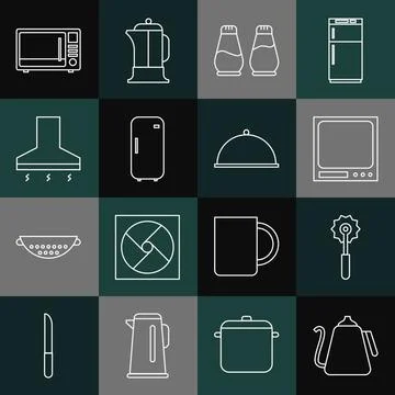 Set line Kettle with handle, Pizza knife, Electronic scales, Salt pepper Illustration
