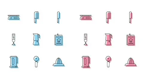 Set line Kettle with handle, Pizza knife, Electronic scales, Citrus fruit juicer Illustration
