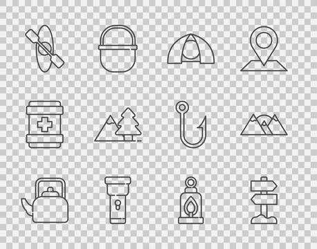 Set line Kettle with handle, Road traffic signpost, Tourist tent, Flashligh.. Illustration