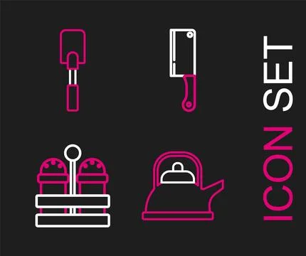 Set line Kettle with handle, Salt pepper, Meat chopper and Spatula icon. Vect Stock Illustration