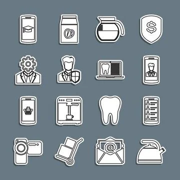Set line Kettle with handle, Smartphone contacts, Coffee pot, User protection Illustration