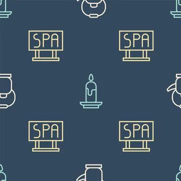 Set line Kettle with handle, Spa salon signboard and Burning candle on seamless Stock Illustration