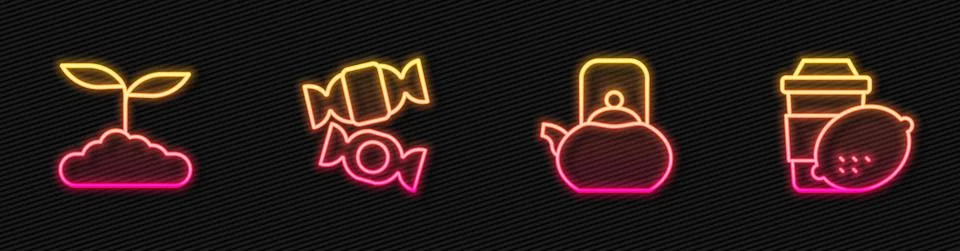 Set line Kettle with handle, Tea leaf, Candy and Cup of tea lemon. Glowing neon Illustration