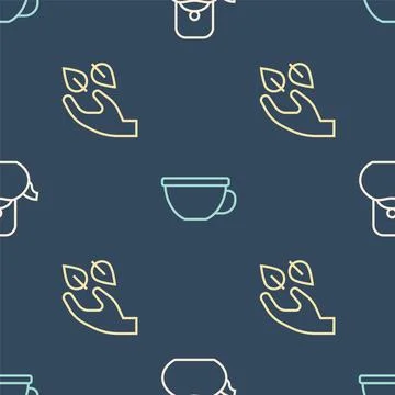 Set line Kettle with handle, Tea leaf in and Cup of tea on seamless pattern Stock Illustration