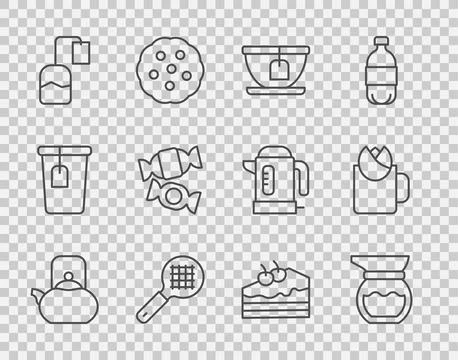 Set line Kettle with handle, Teapot, Cup tea bag, strainer, Candy, Piece of cake Illustration