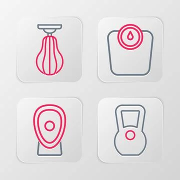 Set line Kettlebell, Boxing training paws, Bathroom scales and Punching bag icon Stock Illustration