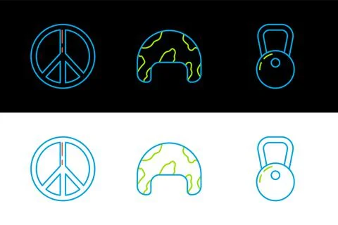 Set line Kettlebell, Peace and Military helmet icon. Vector Stock Illustration
