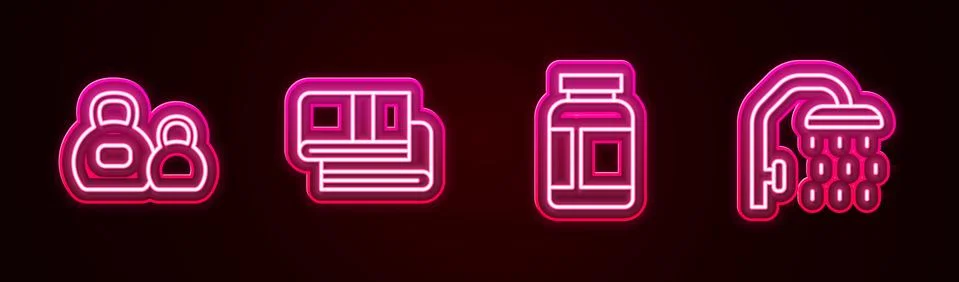 Set line Kettlebell, Towel stack, Sports nutrition and Shower head. Glowing neon Stock Illustration