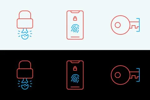Set line Key, broke inside of padlock and Mobile with fingerprint scan icon.. 스톡 일러스트