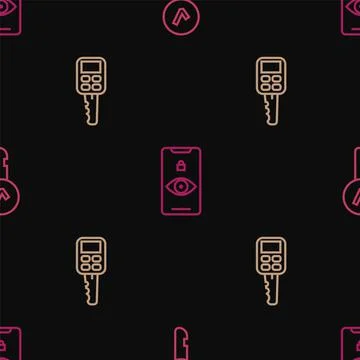 Set line Key, Car key with remote and Eye scan on seamless pattern. Vector Stock Illustration