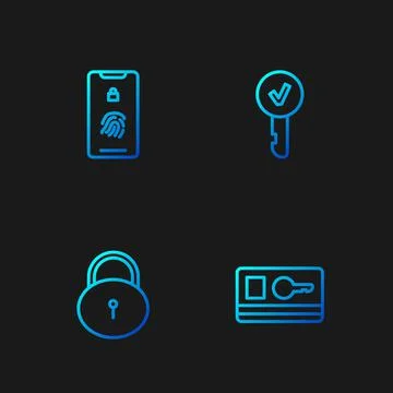 Set line Key card, Lock, Mobile with fingerprint scan and . Gradient color icons Stock Illustration