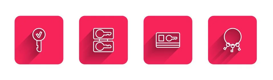 Set line Key, Casting keys, card and Bunch of with long shadow. Red square Illustrazione stock